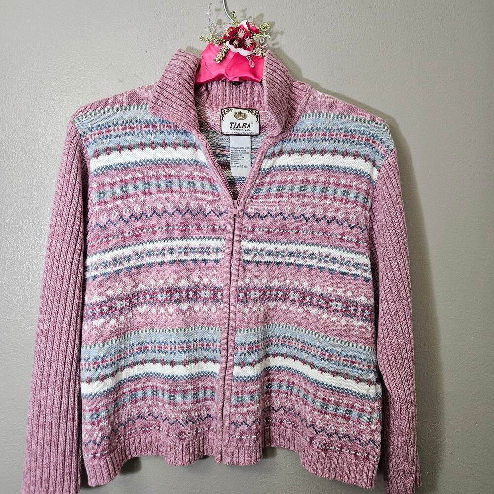 Vintage Y2K Tiara International Pink Fair Isle Full Zip Sweater XL Cottage Cozy